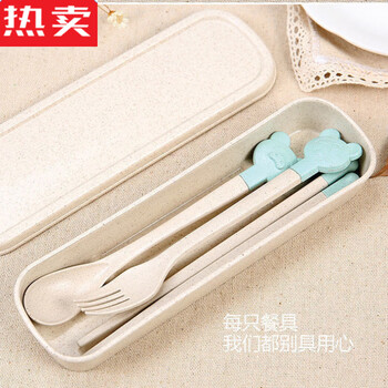 Mzxm japan imported quality rice husk wheat straw children's portable tableware anti-fall three-piece set cute fork spoon chopsticks blue