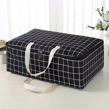 Vinoa quilt cotton and linen oxford cloth quilt clothing storage bag student portable luggage bag moving packing bag black plaid with handle extra large 58*26*48cm storage spring and autumn quilt
