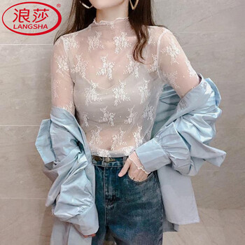 Langsha (langsha) half turtleneck mesh bottoming shirt for women, gauze and stylish small shirt 2025 new early autumn inner lace top new product white regular style single mesh s 80kg--95kg