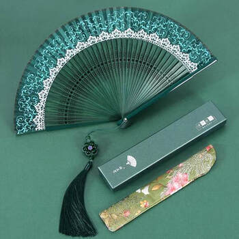 He jiagong chinese style cheongsam small folding fan for women summer portable chinese style hanfu fan ancient style dance fan lace folding fan green transfer bead style personal use color changing flower daily fan lace fan will change color in the sun
