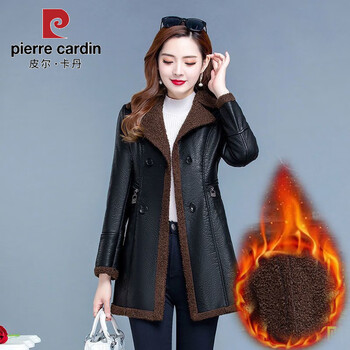Pierre cardin leather jacket for women plus velvet and thickened 2025 winter leather jacket mid-length large size warm and slimming fur integrated brown velvet xl suitable for 85-105 pounds