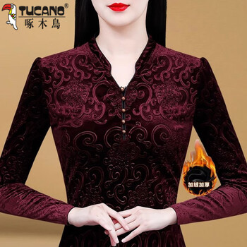 Woodpecker autumn and winter temperament gold velvet bottoming shirt for women new v-neck inner shirt western style warm long-sleeved plus velvet top for women burgundy plus velvet l 100-109 pounds