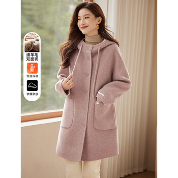 Shangjing woolen coat for women 25 years new winter style gentle two-color casual hooded handmade double-sided wool coat for women