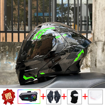 Orz motorcycle helmet bluetooth reveal helmet men's and women's double mirror four seasons motorcycle half full cover helmet universal all seasons 3c certification black green earl gray tea mirror + y10 bluetooth xl