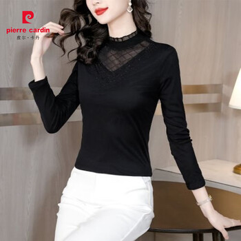 Pierre cardin mesh lace bottoming shirt for women 2025 autumn and winter style fashionable and slim versatile velvet thickened inner shirt black spring autumn thin section m