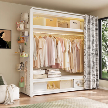 Beizhimu shelf wardrobe home bedroom rental room clothing storage simple assembly floor hole plate metal angle steel clothes hanger new style french curtain 4 layers long 150*50*198cm
