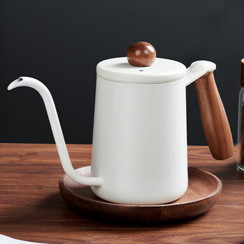 Ershanji hand-brewed coffee pot with solid wood handle, long mouth and narrow mouth pot, stainless steel with lid, high-looking hand-brewed coffee pot with hanging ears, household hand-brewed coffee pot with wooden handle 600ml