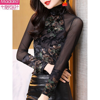 Modal turtleneck mesh bottoming shirt for women 2026 autumn new style printed shirt black long-sleeved t-shirt lace top picture color m