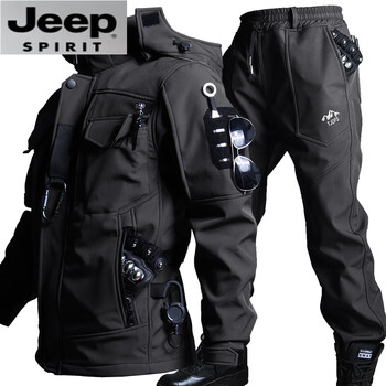 Jeep spirit jeep army green military fan combat training suit tactical cycling jacket suit men's work jacket plus velvet thickening black suit one size 175 (136-150 catties)
