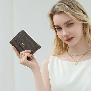 Pierre cardin wallet women's fashion classic pvc coin purse multiple card slots wallet short money clip gift for wife brown 12.5*2.5*9.5cm