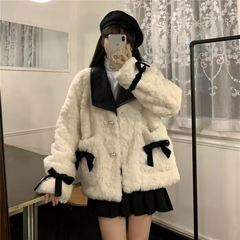 Miao yijia plush jacket women's winter coat 2026 new high-end small fragrance style foreign style short top little versatile white small fragrance style bow plush short jacket one size (recommended weight approximately 90-120 jin)