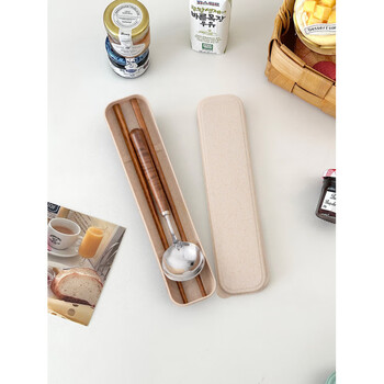 Guofeng wooden tableware set for one person, chopsticks, spoons, portable tableware, three-piece set for children and students, tableware storage box, food-grade chicken wing wooden chopsticks + walnut spoon + pp storage box