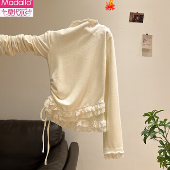 Modal sweet temperament lace fungus lace half-high collar long-sleeved t-shirt for women autumn and winter plus velvet warm inner stand-up collar top apricot (plus velvet inner) s (within 95 pounds)