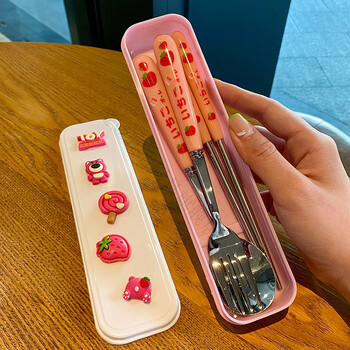 Magic bean shenghuo strawberry 304 stainless steel children's chopsticks spoon set student cute tableware portable three-piece fork set for one person strawberry fork + spoon + chopsticks box