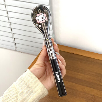 He jiagong cute stainless steel chopsticks and spoon sets portable cutlery box for office workers and student dormitories spoons and chopsticks storage box black-line puppy chopsticks and spoons