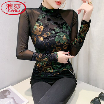 Langsha (langsha) retro printed turtleneck bottoming shirt, high-end slim fit long-sleeved t-shirt, mesh lace top, front and back, two-wear waist, picture color s