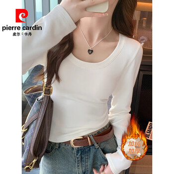 Pierre cardin thickened brushed autumn and winter inner layering shirt spring and autumn slim fit pure cotton long-sleeved t-shirt women's versatile baby blue top white brushed thickened s