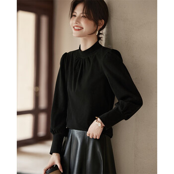 Shangjing elegant half turtleneck top autumn and winter fashion brushed lantern sleeve warm bottoming shirt for women