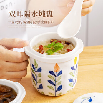 Ceramic stew pot for indoor and outdoor water-proof stew household, one person, one cup, steamed custard bowl, earthen pot, steamer bowl, simmering soup cup with lid, tricolor grass-double-eared stew cup 500ml