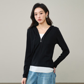 Ese-y yiyang mulberry silk wool fake two-piece bottoming shirt for women 2025 autumn new contrast color v-neck t-shirt hooded casual sweatshirt black m