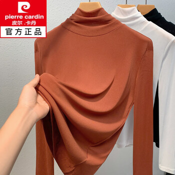 Pierre cardin 2026 new autumn and winter age-reducing red mesh top temperament turtleneck bottoming shirt women's thin long-sleeved women's new caramel color m recommended 100-110 pounds