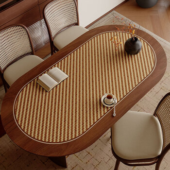 Fantasy oval table mat, antique style waterproof and oil-proof no-wash tablecloth, retro high-end coffee table table top protection, oval table mat-rattan wood grain 60cmx120cm, suitable for coffee table dining table cabinet