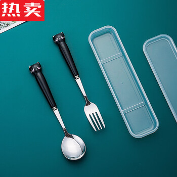 Mzxm japan imported quality children's tableware set fork, spoon and fork three-piece tableware set portable office worker small tableware set cat black fork spoon + box