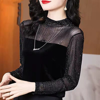 Long-sleeved lace splicing slim bottoming shirt for women in autumn and winter new slim and versatile fashionable inner top black xl 110-130 catties