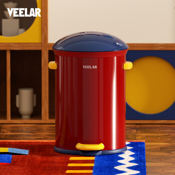 Veelar dopamine style trash can for living room and household internet celebrity 2025 new kitchen and bathroom creative cute paper basket with lid 15l-huntry red (blue lid)