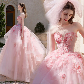 Seasonal pink wedding dress flower fairy host birthday toast evening dress bride engagement dressing gown 2025 new style 20269 pink m