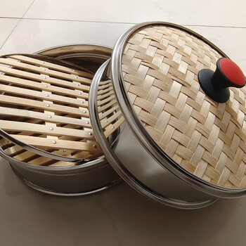 Meikejie stainless steel bamboo bottom cage. wrapped steamed bamboo slices, anti-drip bamboo top cover, universal pot lid for household steamers 36cm (set of 3) suitable for pot mouth with inner diameter 36cm