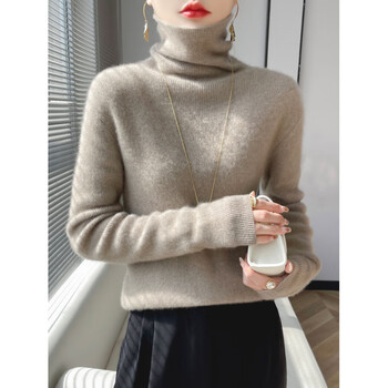 Yalu broken size 100 cardigan women's pile collar slim sweater knitted thickened wool turtleneck solid color bottoming shirt camel m