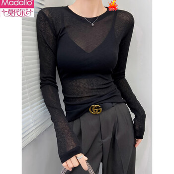 Modal black bottoming shirt for women, high-end sun protection blouse, tulle mesh top, lace inner t-transparent, black s 80-100 pounds