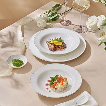 Huaguang national porcelain bone china tableware set dishes simple pure white relief home elegant oriental