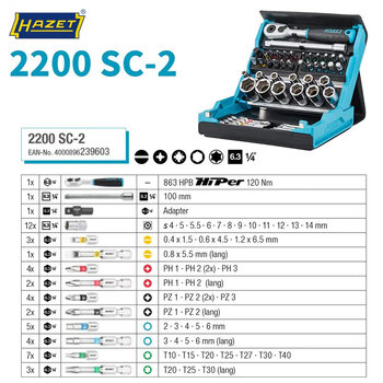 Hazet german hazet tool ratchet socket wrench bit set 1/4 inch 50-piece set 2200sc-2 (1/4 inch 50-piece set)