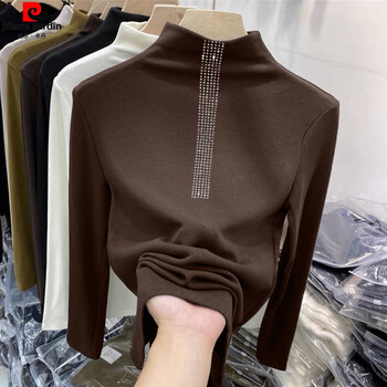 Pierre cardande velvet half turtleneck bottoming shirt for women in autumn and winter with brushed warm long-sleeved t-shirt thickened western-style diamond top brown-silver collar diamond 3xl recommended 150-170 catties