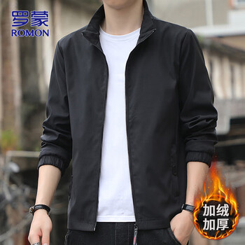 Romon velvet jacket men's autumn and winter warm business tops for young and middle-aged commuters casual stand-up collar men's wear black xl