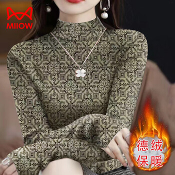 Miiow half-turtle collar german velvet bottoming shirt for women in autumn and winter new style western style printed long-sleeved t-shirt large size slim warm top for women b10 retro green m recommended 80-100 pounds