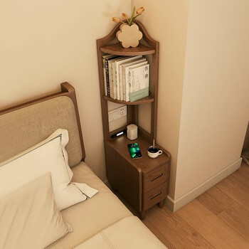Solid wood bedside table bookshelf integrated children's corner home bedroom bedside ultra-narrow slit cabinet small storage cabinet cabinet shipped as a whole 2-layer bedside table - walnut color width 25cm
