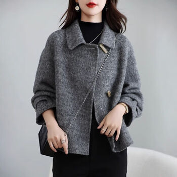 Yiyichun double-sided coat wool short cashmere coat woolen 2025 new small autumn and winter horn woolen dark gray s (80-125 catties)