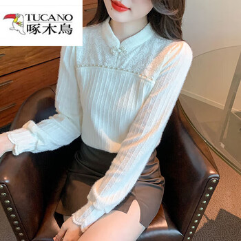 Woodpecker (tucano) 2025 autumn and winter new style lace plus velvet thickened winter warm tops and bottoming shirts for women with slim temperament in winter, regular apricot color xl