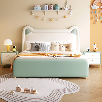 Leather bed solid wood frame modern simple teen master bedroom light luxury soft bed 1.8m frame bed bed + 903# fully disassembled independent pocket spring cushion + 1 cabinet - free installation 1500mm*2000mm frame structure upgraded 2*15 bed board