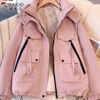 Woodpecker 2025 winter new style parka, velvet and thickened jacket, loose cotton coat, hooded overalls, cotton coat for women, pink (new style, velvet and thickened parka) 02 m (90-110 catties)