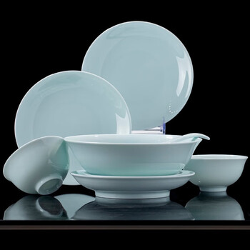 Mornenjoy underglaze celadon high white porcelain bowl and dish set for home use 2026 high-looking jingdezhen bowl and plate tableware set for gift jingdezhen celadon high white porcelain qingying-2 people with large soup bowl 13 pieces