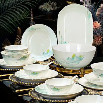 Guoyue jingdezhen bone china tableware set household practical bowls and plates set high temperature underglaze color bowls and plates housewarming gift bowls and chopsticks hidden green mountain 35-piece gift box