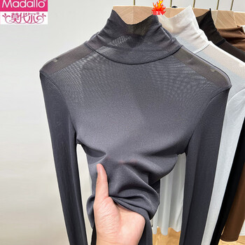 Modal black turtleneck mesh bottoming shirt for women 2026 new solid color slim fit inner thin gauze sexy lace top gray l
