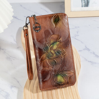 Scarecrow 2025 new genuine leather light luxury women's wallet retro personalized color rubbed multi-slot long bag for girlfriend wife mom mother gift retro brown