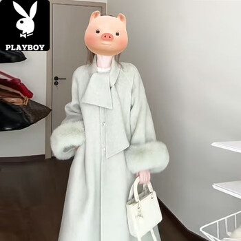 Playboy (playboy) korean style super good-looking double-sided woolen coat mid-length small thickened warm woolen coat for women winter tea green (without brooch) m