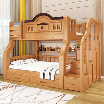 Lanxiu home furnishing (lanshome) domestic product subsidy bunk bed solid wood upper and lower bunk thickened high and low bed children's bed two-layer twin-twin bed cabinet ladder-double draw-5cm brown mat-installation upper bed width 140 lower bed width 160 (free bookshelf)