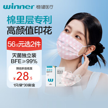 Sturdy cotton inner layer medical surgical mask, breathable, sterilized, individually packed, 30 pieces per bag, parent-child style, pink rabbit print